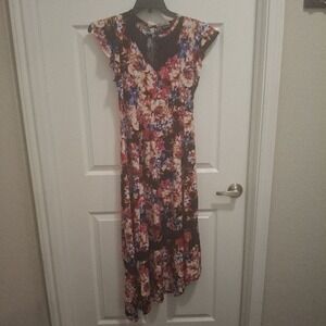 TORRID Sz 00 / US 10 Multi-color Floral Black V-Neck Lace Flowy Boho Midi Dress